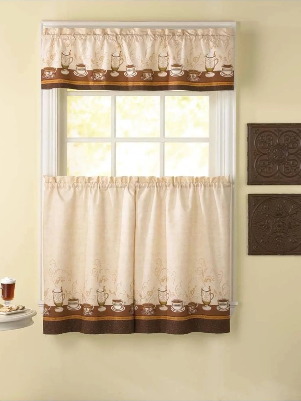 Cafe Au Lait Window Kitchen Curtain Tier (2) and Valance (1) Set, 3-Piece Bistro